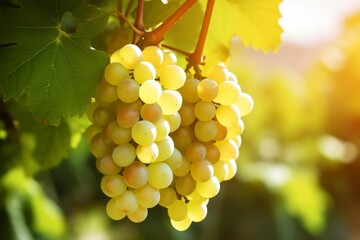 Clusters of green grapes hanging from a vine in a sunny vineyard during harvest season