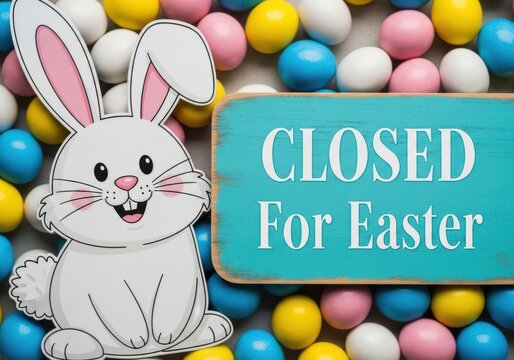 A cute cartoon easter bunny with a sign saying closed for easter on a colorful background