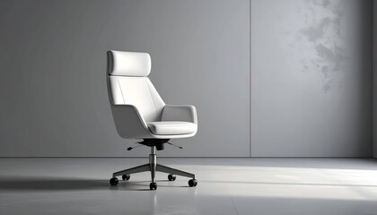 A minimalist white leather office chair with high back, set against a grey wall