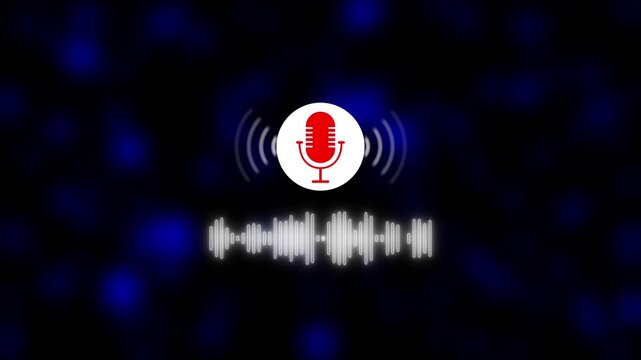 Futuristic Voice Recognition Concept with Microphone Icon, Digital Sound Waveform Visualization and Smart Audio Technology Interface on Black Background