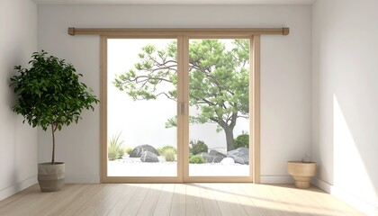 Minimalist room with wooden sliding doors, indoor tree, and view of a Japanese garden