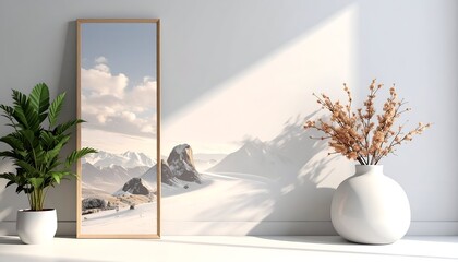 Serene interior framed snowy landscape, potted plant, dried branches, and a white vase