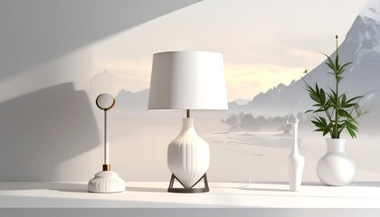 A minimalist still life features white lamps, vases, and greenery before a muted mountain scene