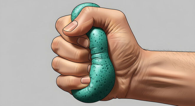 A human hand firmly squeezing a green textured stress ball or malleable object