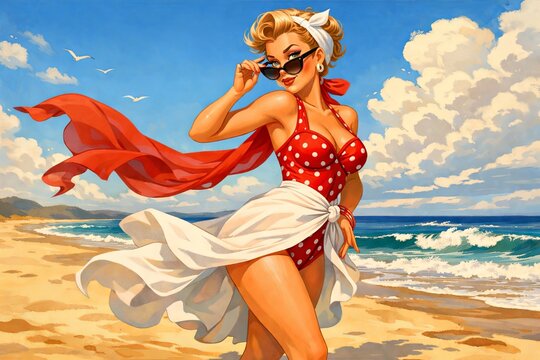 Colorful retro pinup illustration of a stylish woman in a red polka dot swimsuit and flowing scarf walking along a sunny beach, ideal for summer travel and resort promotions.