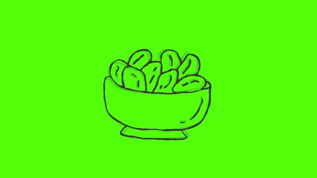 Hand Drawn Bowl of Dates Ramadan Iftar Food Green Screen Background 4k animation video