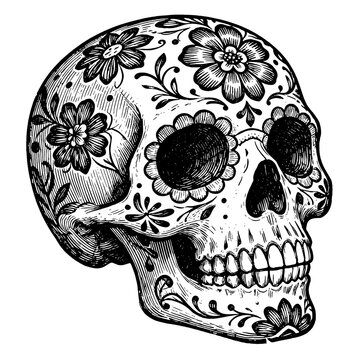 Antique sugar skull calavera etching illustration for vintage Day of the Dead concept