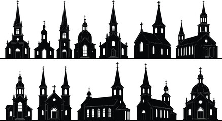 Naklejka premium Christian church silhouettes collection with various cathedral and chapel buildings, religious architecture isolated on white background illustration.