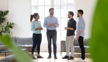 Fototapeta premium Diverse business team discussing in modern office with natural light