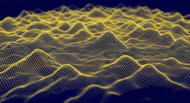 Vibrant yellow wireframe landscape on dark blue background