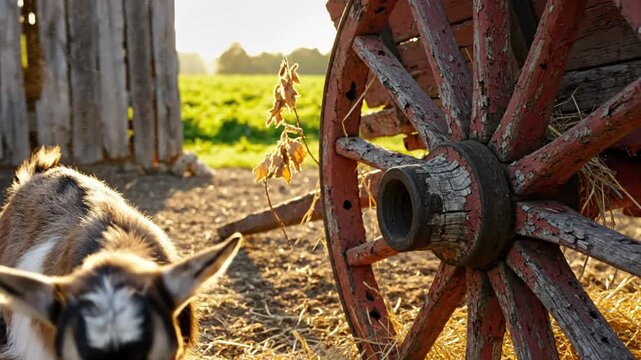 Cute goat nibbles hay beside a weathered wooden wagon wheel on a sunny rural farm scene.
