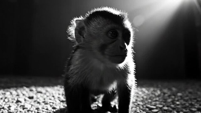 Baby monkey walking towards camera in a dark setting illuminated by bright sunlight creating captivating contrast