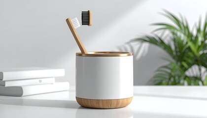 Toothbrush in a holder, with minimalist design, bright lighting, and plant in background