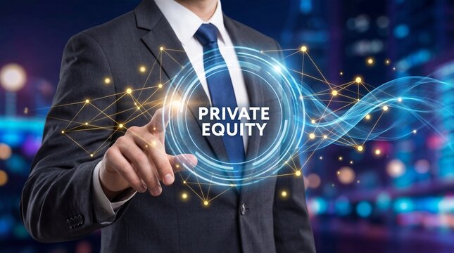 Businessman in suit interacting with virtual private equity network interface at night