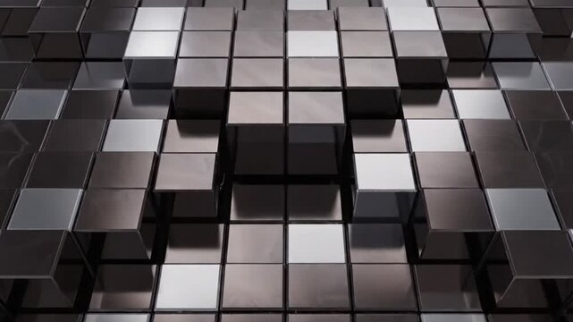 Close-up view of a metallic 3D cube pattern with reflective surfaces in shades of gray and black, arranged in a grid with some cubes protruding outwards against a white background.
