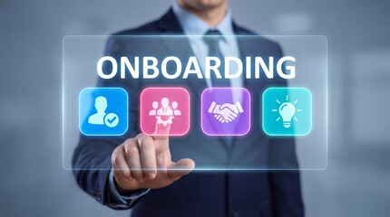 Businessman in suit interacting with virtual onboarding interface with colorful icons representing employee integration and company culture concepts