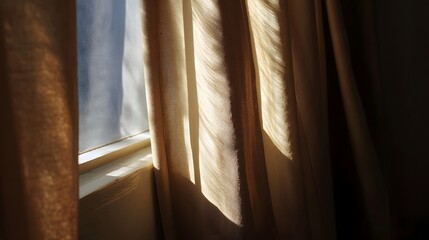 Warm sunlight filtering through delicate sheer curtains creates soft shadows and gentle light patterns indoors