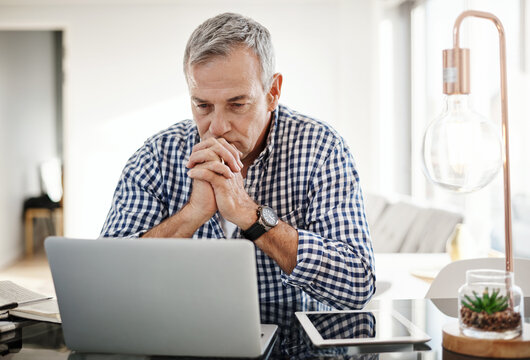 Thinking, remote work and mature man on laptop for investment choice, solution and problem solving. House, finance and person on computer with ideas, brainstorming and insight for budget planning