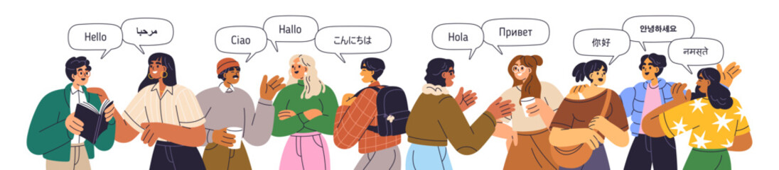 Multilingual greetings. People say hello in different foreign languages. International speakers communication with word Hi in speech bubbles. Flat vector illustration isolated on white background © Good Studio