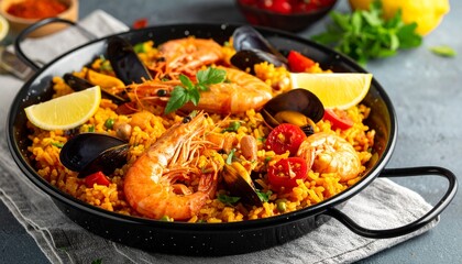 Fototapeta premium Spanish seafood paella, closeup view. Space for text