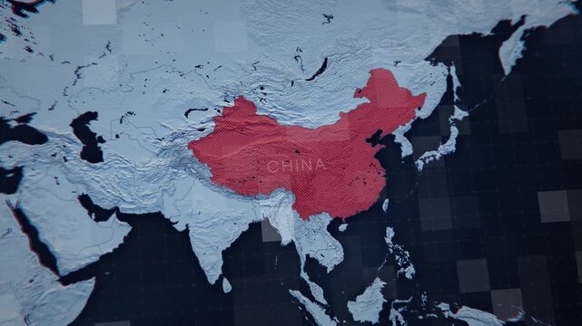 Aerial flyover of a 3D map of China. The view includes mainland China, the island of Taiwan, and the coastal waters of the South China Sea, highlighting the country's territorial integrity. 