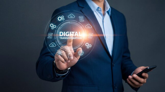 Businessman in suit interacting with digital transformation interface on smartphone representing modern technology and innovation in corporate environment with futuristic icons