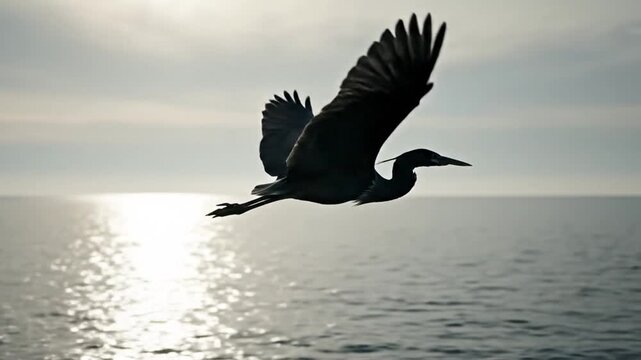 Heron flies over ocean.
