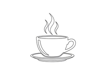 Obraz premium A simple line drawing of a steaming cup of coffee on a saucer