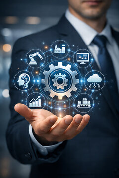Futuristic corporate business hologram displayed on hand with finger touch showcasing digital technology in a business background environment