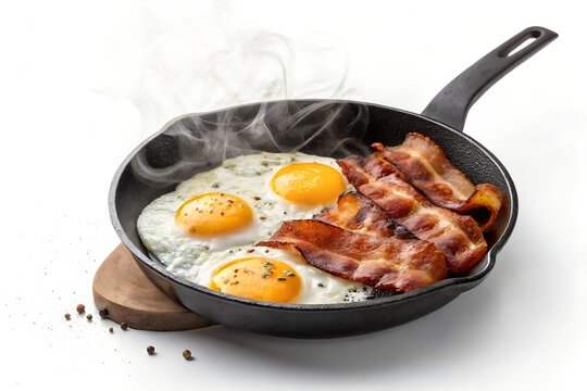 Sizzling Bacon and Sunny Side Up Eggs in Cast Iron Skillet Breakfast