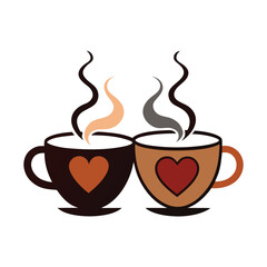 Obraz premium Two coffee cups with heart designs and rising steam are displayed