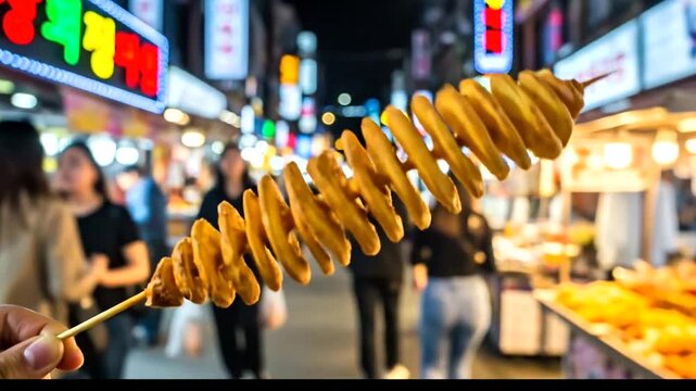 Crispy golden spiral potato skewer held in hand, a popular street food snack, set against the bustling, brightly lit backdrop of a lively Asian night market scene