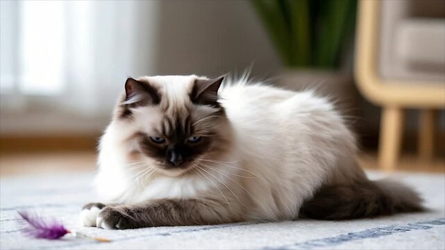 A fluffy ragdoll cat relaxing on a rug in a home interior, looking at a purple feather toy, showcasing pet life and comfort.
