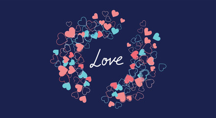 Stylized heart shape composed of many small blue and pink hearts with the word love handwritten in the center on a dark navy blue background.