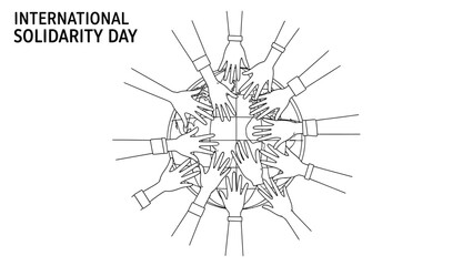 Obraz premium Black and white line drawing of multiple hands stacked together forming a solid unity symbol on International Solidarity Day against a clean white background.