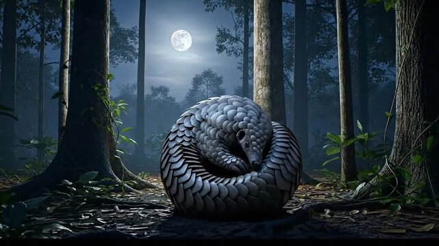 A solitary pangolin curls into a protective ball amidst a moonlit forest, showcasing nature's quiet resilience under the night sky