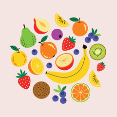 Colorful pixel art illustration of a variety of fresh fruits arranged in a circle