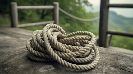Fototapeta premium A coiled rope rests on a wooden railing overlooking a hazy mountain view