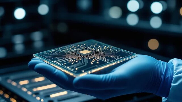 Scientist hand holding microchip with glowing circuit board. Digital processor core with laser energy flow for hardware data stream.