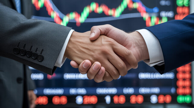 Business partners shake hands against a blurred stock market background