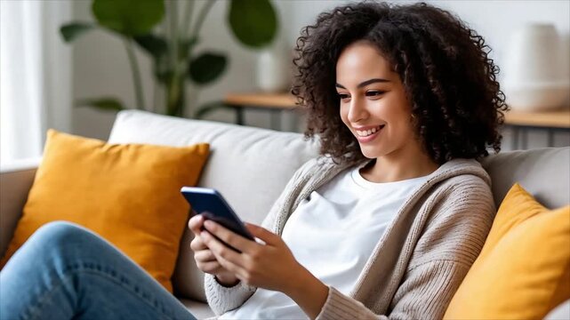 Happy young woman sitting on a couch, smiling and interacting with her smartphone. Social media connection and mobile technology concept.