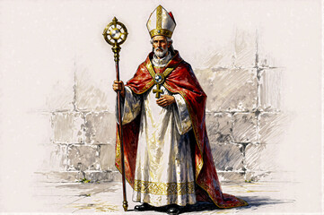 Obraz premium A bishop wearing red and white robes. Illustration.