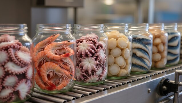 Glass jars with octopus, shrimp, baby octopus, scallops, and sardine fillets on a production line, illustrating seafood processing, canning, and quality control