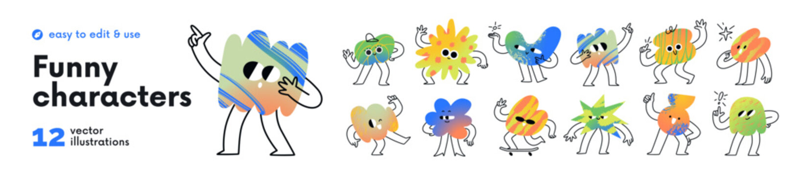 Funny characters set. Abstract cartoon shapes with happy smiling faces. Cute doodle blobs, funky figures with emotions, expressions. Comic emoji. Flat vector illustration isolated on white background