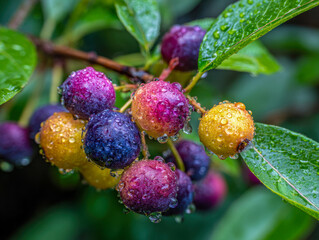 Obraz premium Vibrant ripe and unripe berries covered with water droplets growing on a leafy branch in a lush green garden after rainfall on a cloudy day