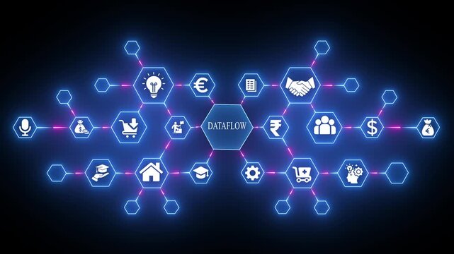 Dataflow Concept with Various Business and Finance on a Neon Hexagon Network