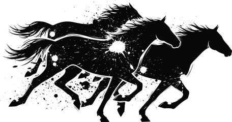 Two black horses running side by side in a dynamic motion