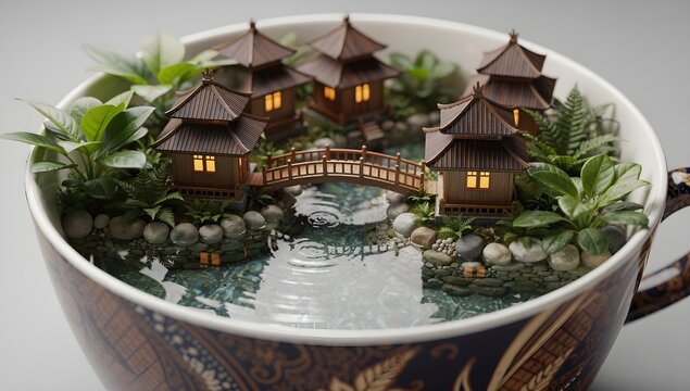Miniature traditional Asian water village with wooden bridge and glowing houses inside a batik patterned cup, surreal serene diorama concept