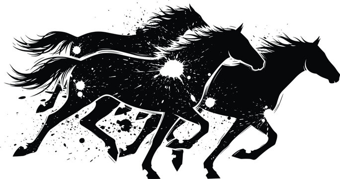Two black horses running side by side in a dynamic motion
