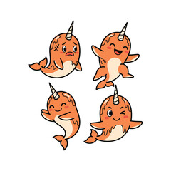 Cartoon narwhals with different emotions on white background © ForkanStock
